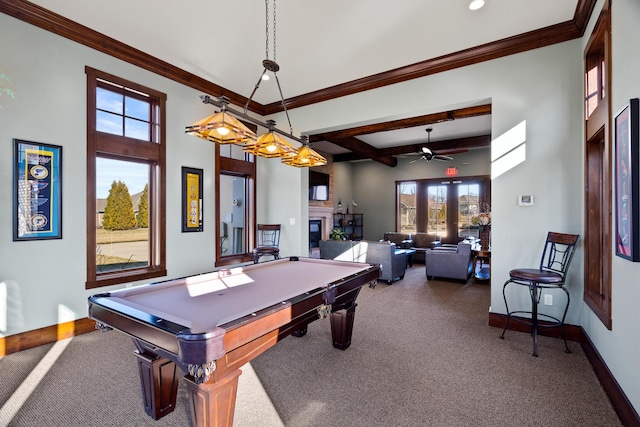 1703 Linkside Dr, Columbia, MO 65201 - rec room with billiards table, baseboards, carpet floors, healthy amount of natural light, and crown molding