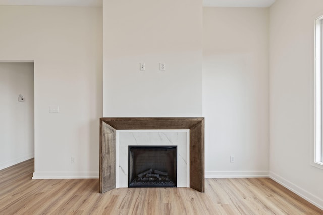 interior details featuring wood-type flooring and a fireplace