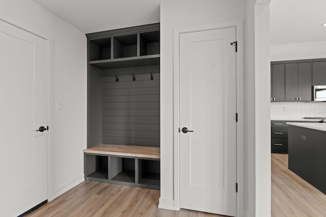 mudroom with light hardwood / wood-style floors