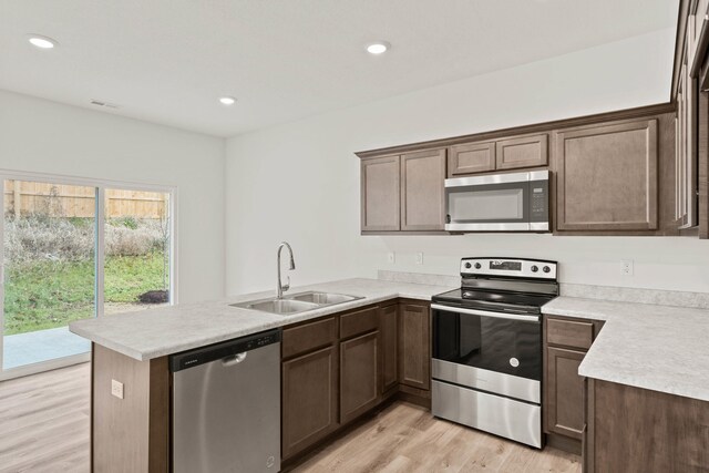 kitchen featuring kitchen peninsula, sink, light wood-type flooring, appliances with stainless steel finishes, and dark brown cabinetry