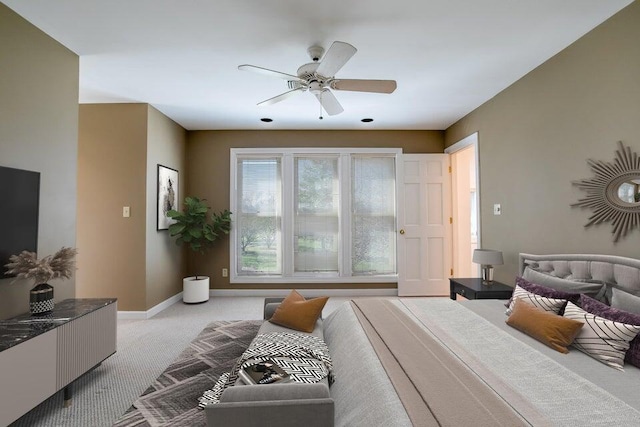 bedroom featuring carpet, ceiling fan, and baseboards