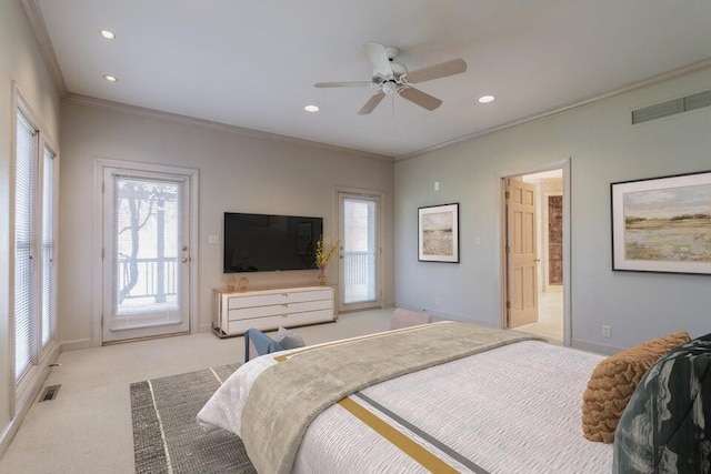 bedroom with light carpet, access to exterior, visible vents, and crown molding