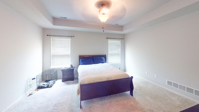 bedroom with a raised ceiling, multiple windows, ceiling fan, and carpet