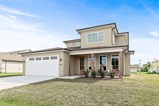 view of front of house with a front lawn, a porch, and a garage