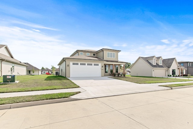 view of front facade with a front lawn, central air condition unit, and a garage