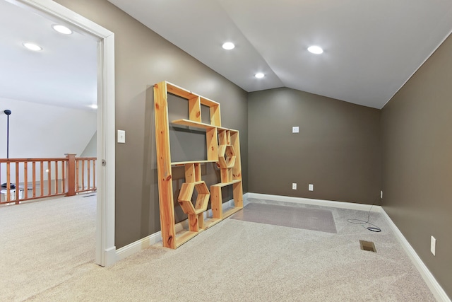 bonus room featuring lofted ceiling, baseboards, carpet flooring, and recessed lighting