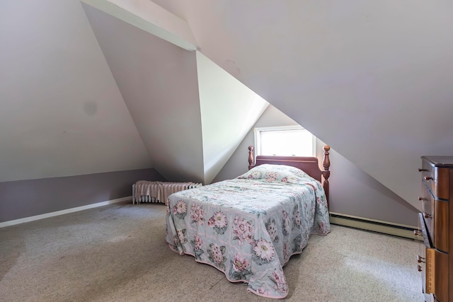 carpeted bedroom with a baseboard radiator and lofted ceiling