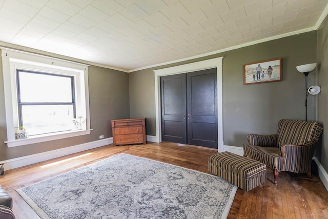 living area featuring crown molding and wood-type flooring