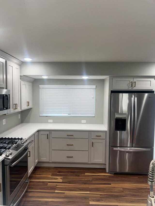 kitchen featuring gray cabinets, dark hardwood / wood-style flooring, and stainless steel appliances