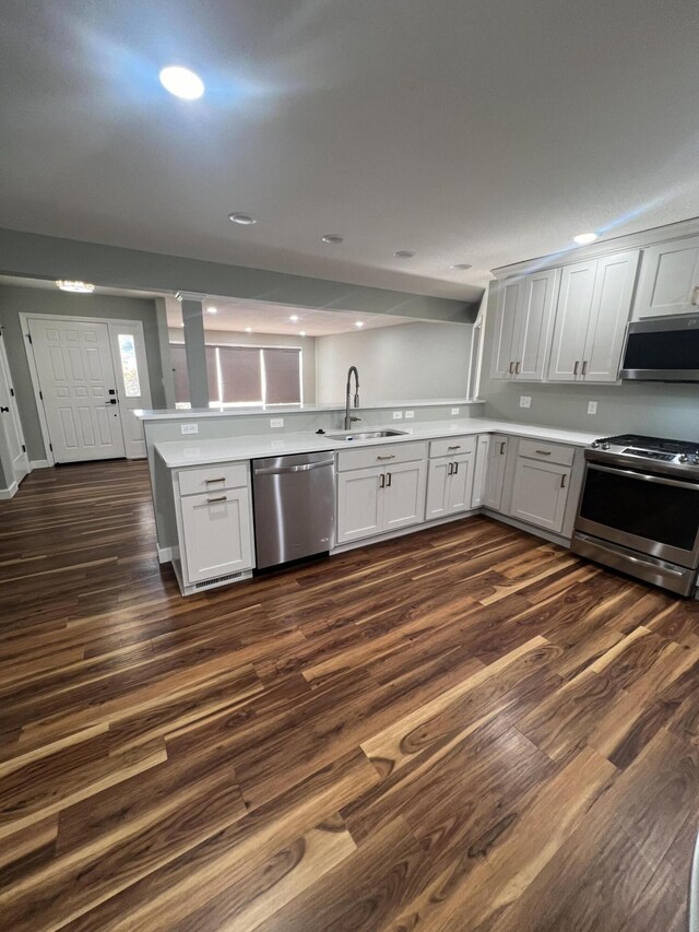 kitchen featuring stainless steel appliances, dark hardwood / wood-style floors, kitchen peninsula, and sink