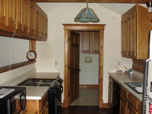 kitchen featuring electric range oven, dishwasher, tile patterned flooring, decorative light fixtures, and sink