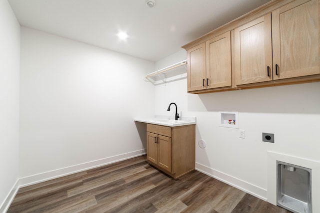 laundry room featuring washer hookup, sink, cabinets, dark hardwood / wood-style flooring, and electric dryer hookup