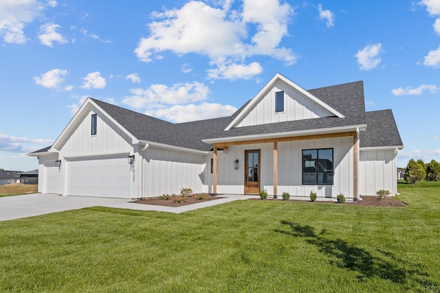 modern inspired farmhouse featuring concrete driveway, board and batten siding, a front lawn, a shingled roof, and a garage