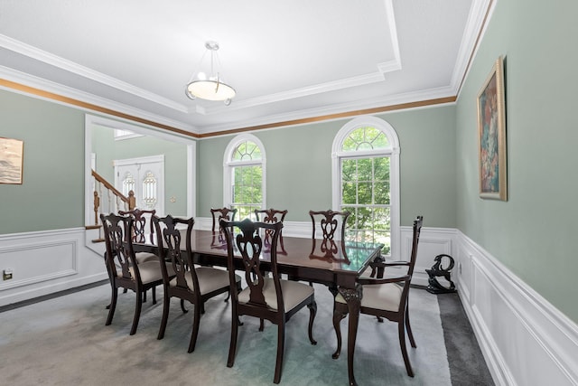 dining space featuring a wainscoted wall, carpet, a tray ceiling, and a decorative wall