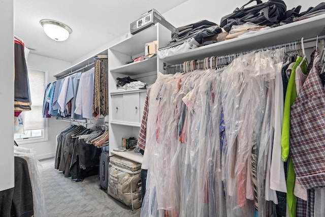 walk in closet with light carpet