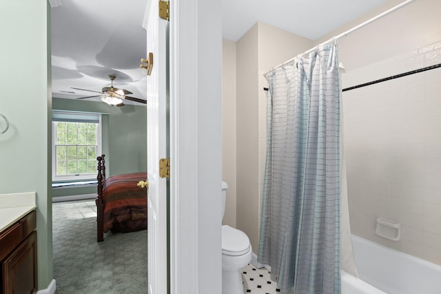 full bath with ceiling fan, toilet, vanity, ensuite bath, and shower / bathtub combination with curtain