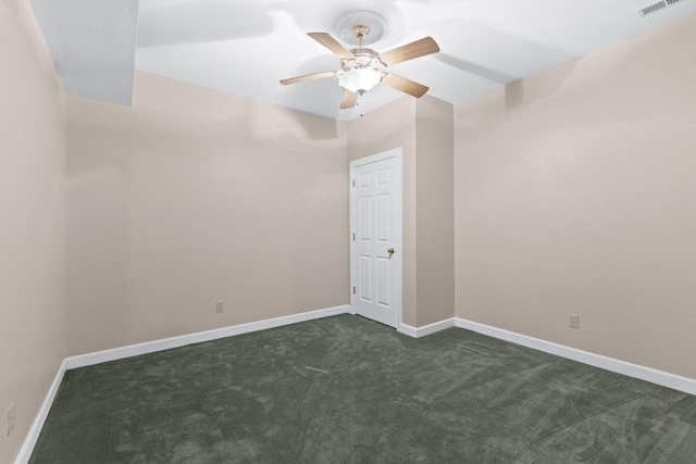 unfurnished room featuring ceiling fan, visible vents, baseboards, and dark colored carpet