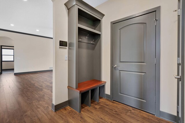 mudroom featuring dark wood-type flooring