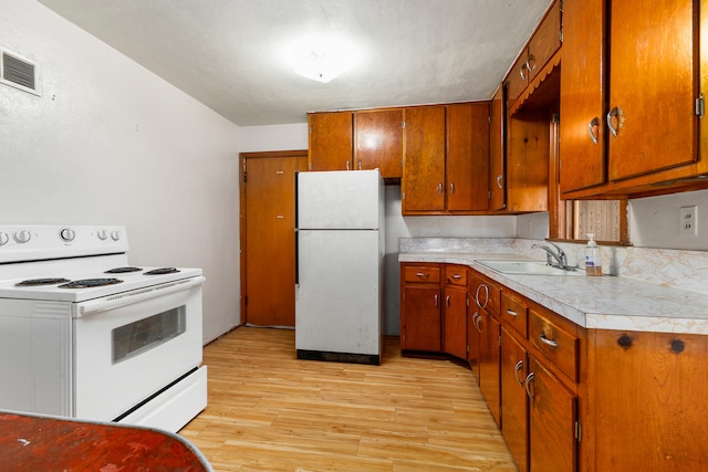 kitchen featuring white appliances, light hardwood / wood-style flooring, and sink