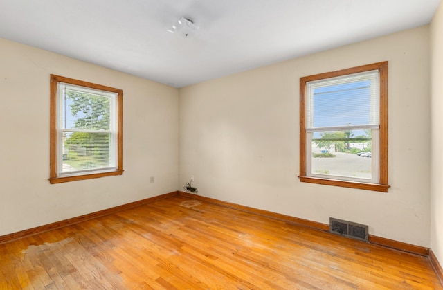 spare room with a wealth of natural light and light hardwood / wood-style flooring