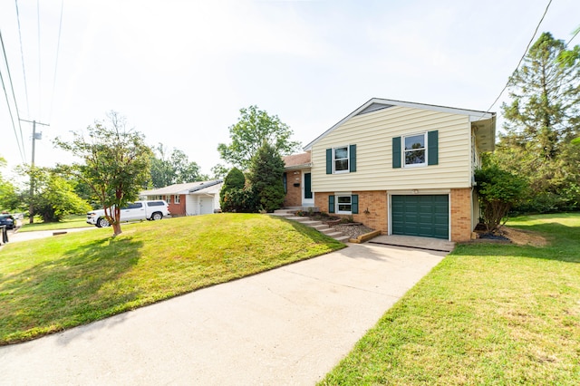 split level home featuring a front yard and a garage