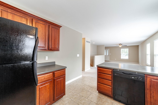 kitchen featuring black appliances, ceiling fan, and light tile patterned floors