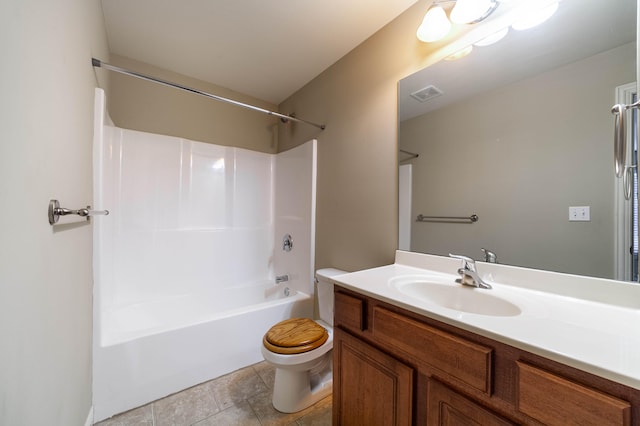 full bathroom with vanity, toilet, tile patterned floors, and washtub / shower combination