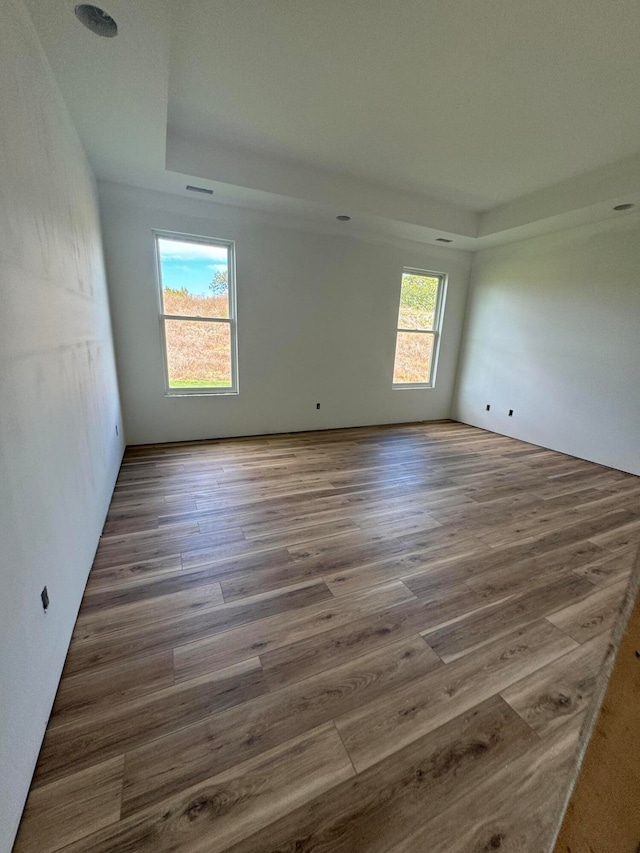 empty room with a tray ceiling and dark wood-type flooring