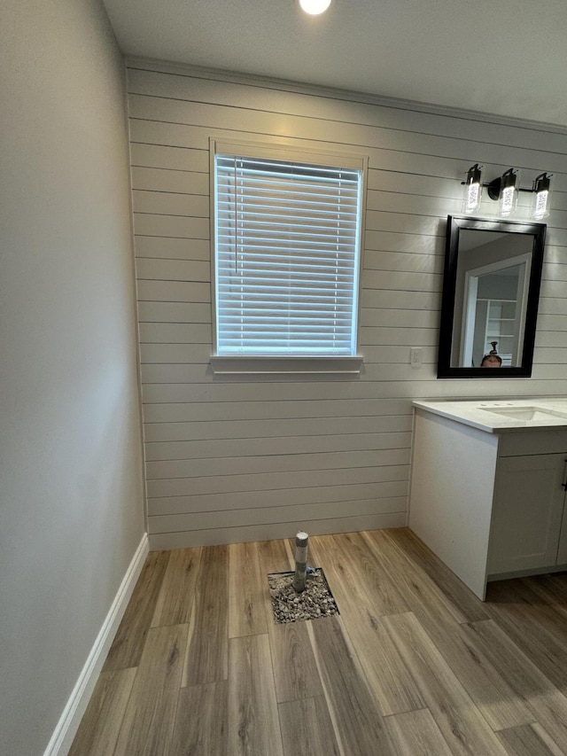 interior space featuring vanity and hardwood / wood-style floors