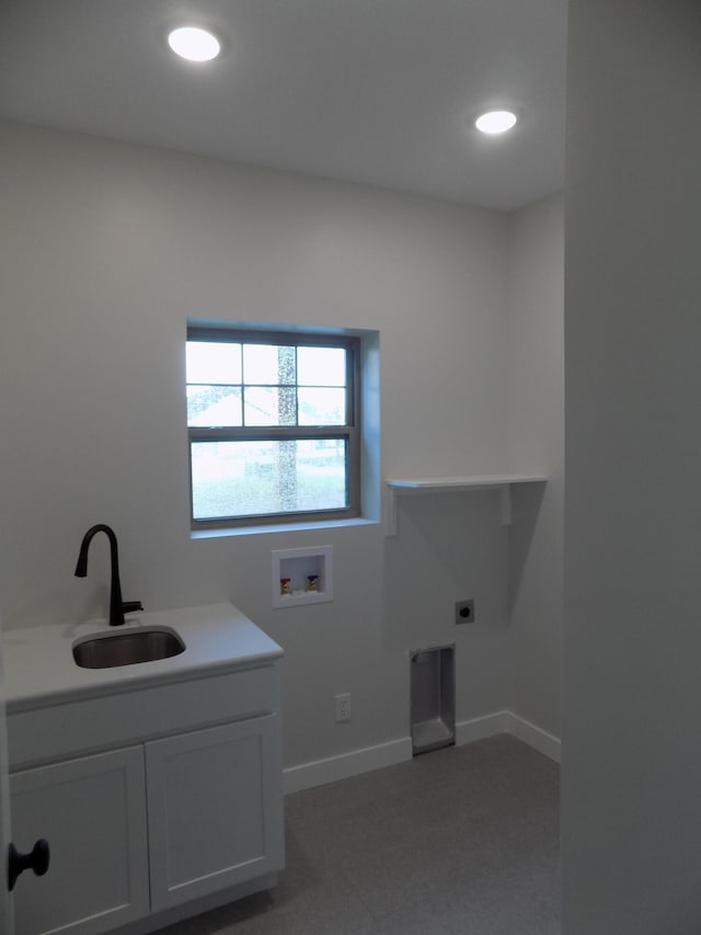 14 Carnival Ln, Centralia, MO 65240 - laundry room featuring hookup for an electric dryer, hookup for a washing machine, cabinet space, recessed lighting, and carpet flooring