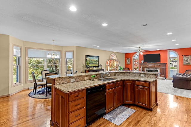 kitchen featuring light hardwood / wood-style flooring, a healthy amount of sunlight, sink, and hanging light fixtures