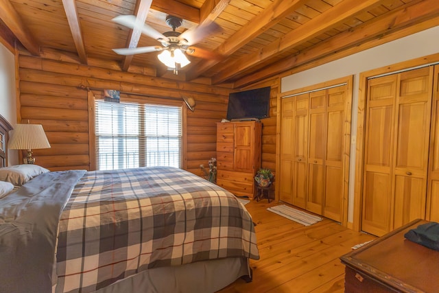 bedroom featuring light wood-type flooring, beam ceiling, and wooden ceiling