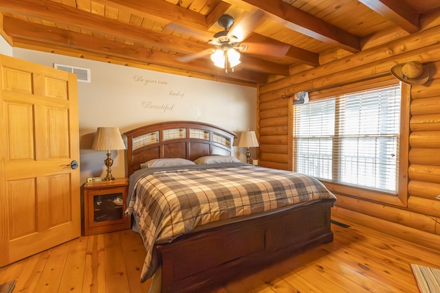 bedroom with wooden ceiling, light hardwood / wood-style flooring, beam ceiling, ceiling fan, and rustic walls