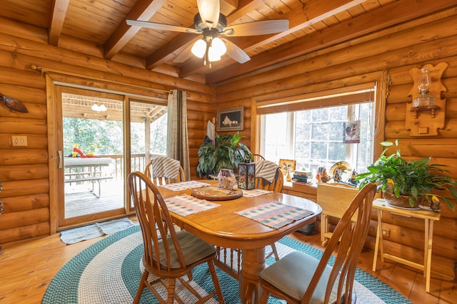 dining space with light wood-type flooring, plenty of natural light, beam ceiling, and ceiling fan