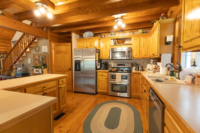 kitchen with beamed ceiling, wooden ceiling, light hardwood / wood-style flooring, stainless steel appliances, and sink