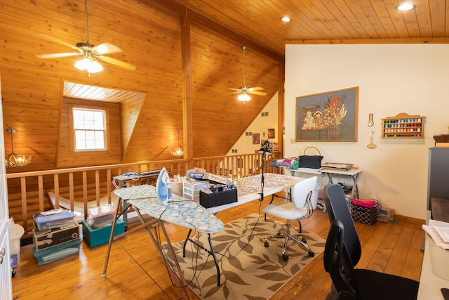 interior space featuring vaulted ceiling, light hardwood / wood-style flooring, and ceiling fan