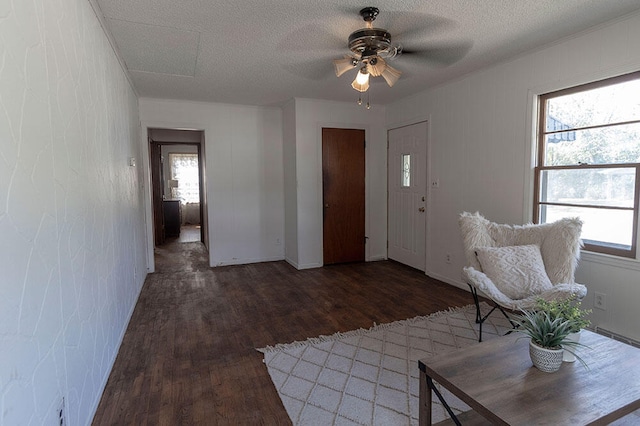 entryway with ceiling fan, a textured ceiling, and dark wood-type flooring