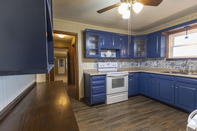 kitchen featuring blue cabinetry, sink, dark wood-type flooring, and electric stove