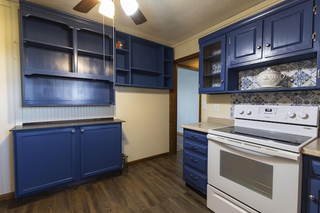 kitchen featuring a textured ceiling, white electric range oven, blue cabinetry, and dark wood-type flooring