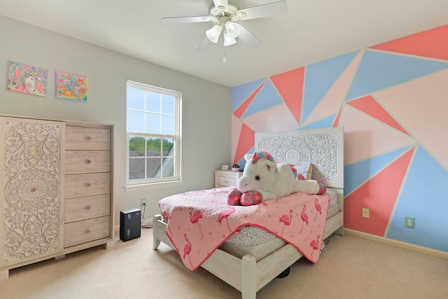bedroom featuring baseboards, lofted ceiling, ceiling fan, and light colored carpet