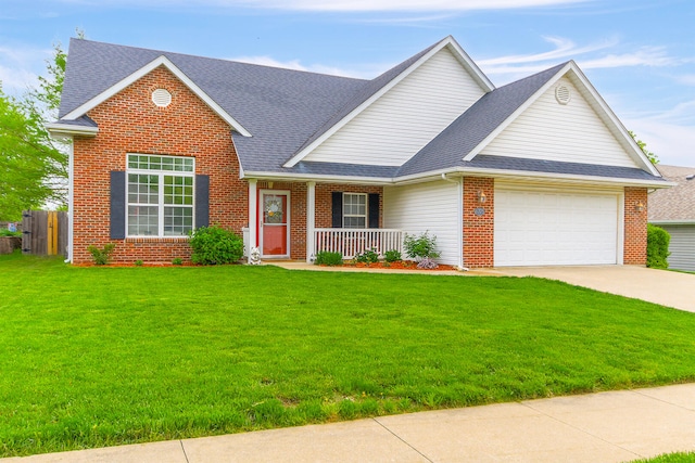 traditional home with brick siding, fence, covered porch, an attached garage, and a front lawn