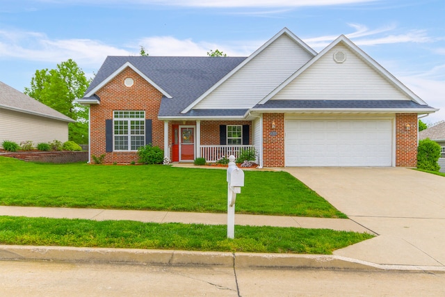 view of front of house with an attached garage, concrete driveway, brick siding, and covered porch