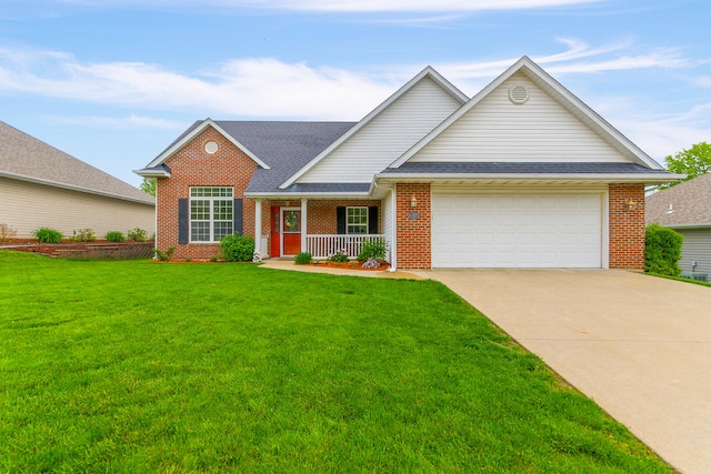 view of front of house with covered porch, concrete driveway, brick siding, and an attached garage
