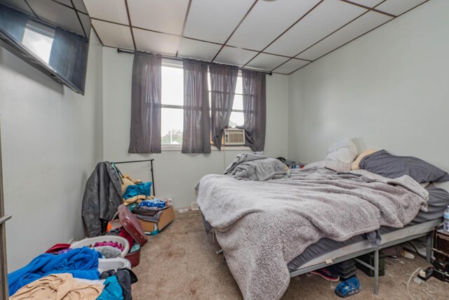 bedroom featuring carpet and a drop ceiling