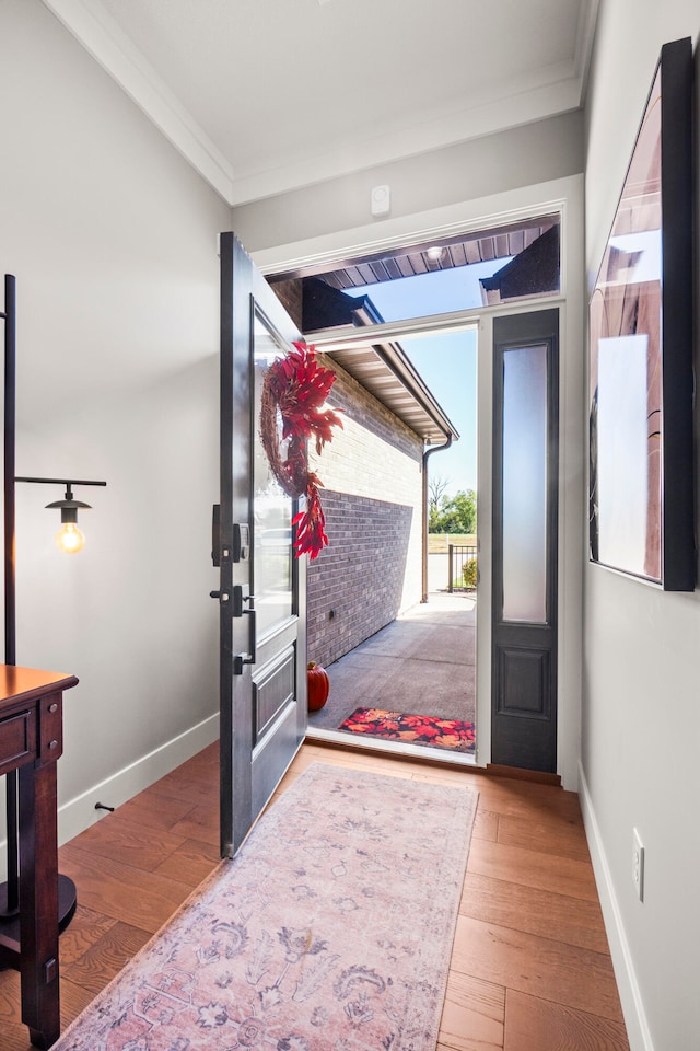 foyer featuring wood-type flooring and ornamental molding