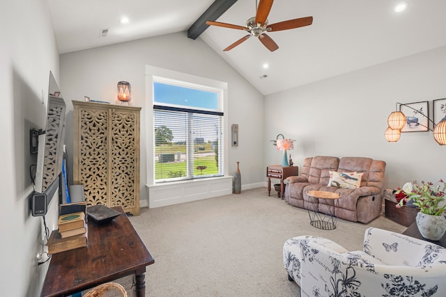 carpeted living room featuring ceiling fan, beamed ceiling, and high vaulted ceiling