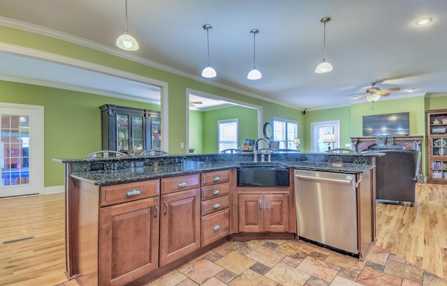 4200 S Rangeline Rd, Columbia, MO 65201 - kitchen featuring dishwasher, a sink, crown molding, brown cabinets, and ceiling fan