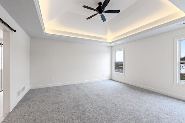 spare room featuring carpet floors, a tray ceiling, and ceiling fan