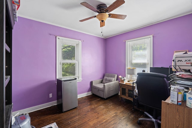 office area with ceiling fan, dark hardwood / wood-style floors, and crown molding