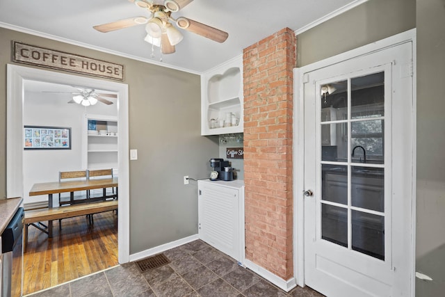 kitchen with stainless steel dishwasher, ceiling fan, and crown molding